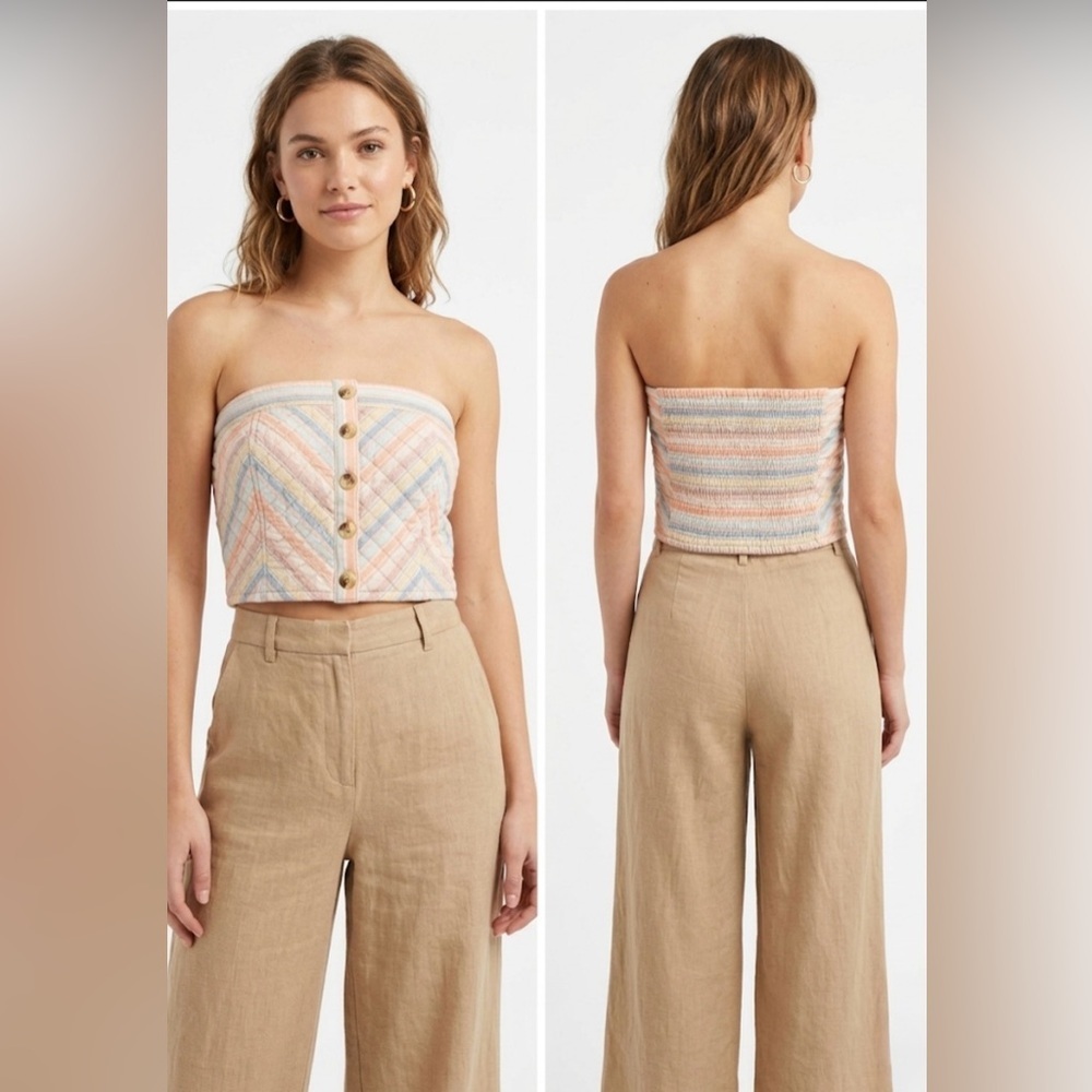 BDG Urban Outfitters Quilted Striped Tube Top Pastel Chevron Button Front M NEW